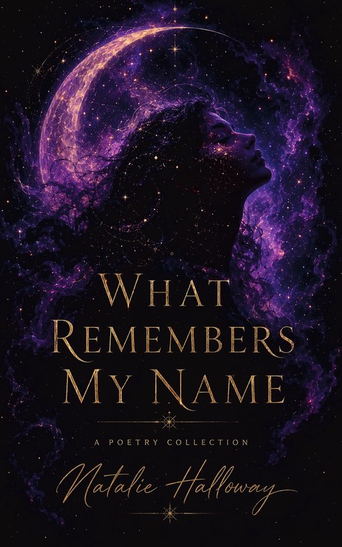 Front cover of What Remembers My Name: a woman’s profile turned upward, dissolving into a violet nebula beneath a gold crescent moon
